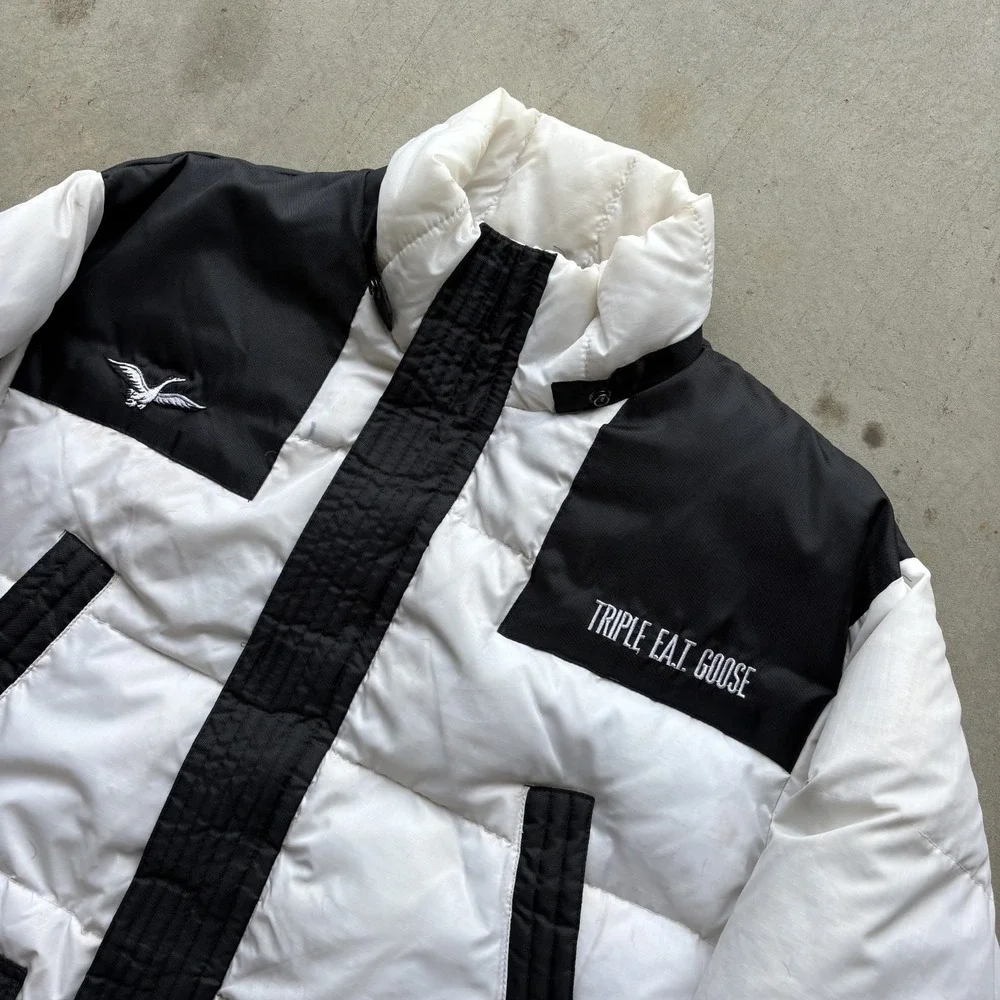 Vintage 90s Triple FAT Goose Down Puffer Jacket Size Small White Black Gorpcore